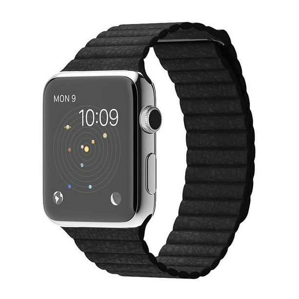 Apple Watch 42MM Stainless Steel Case with Black Leather Band (Medium)