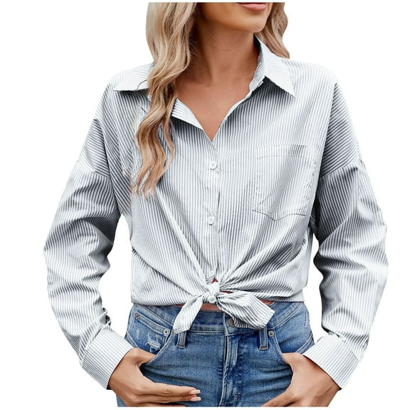 Wyobmus Striped Button Down Shirts for Women Dress Shirts Long Sleeve Casual Collared Office Work Shirt With Pocket Black