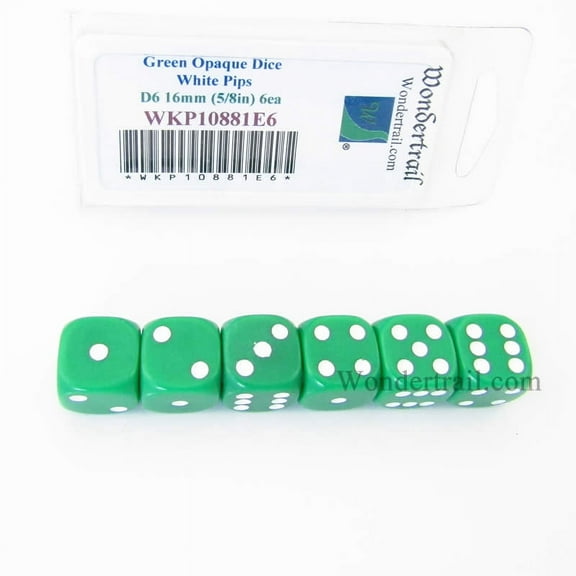 Green Opaque Dice with White Pips D6 16mm (5/8in) Pack of 6 Wondertrail