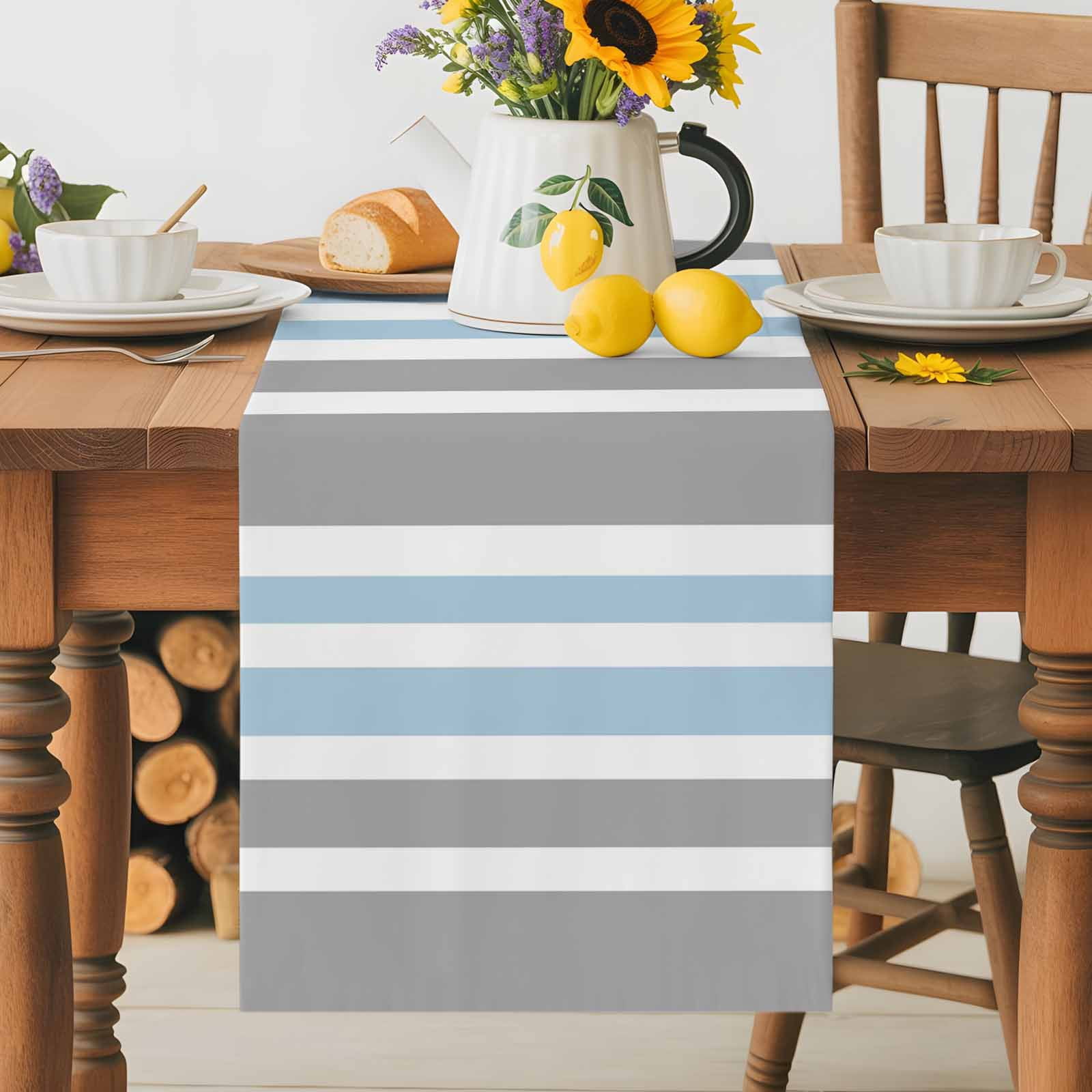 Classic Vertical Stripes Table Runner 90 Inches Long, Grey Blue White Table Runners Tabletop Scarf Kitchen Dining Tables Decoration for Home Party Indoor Outdoor