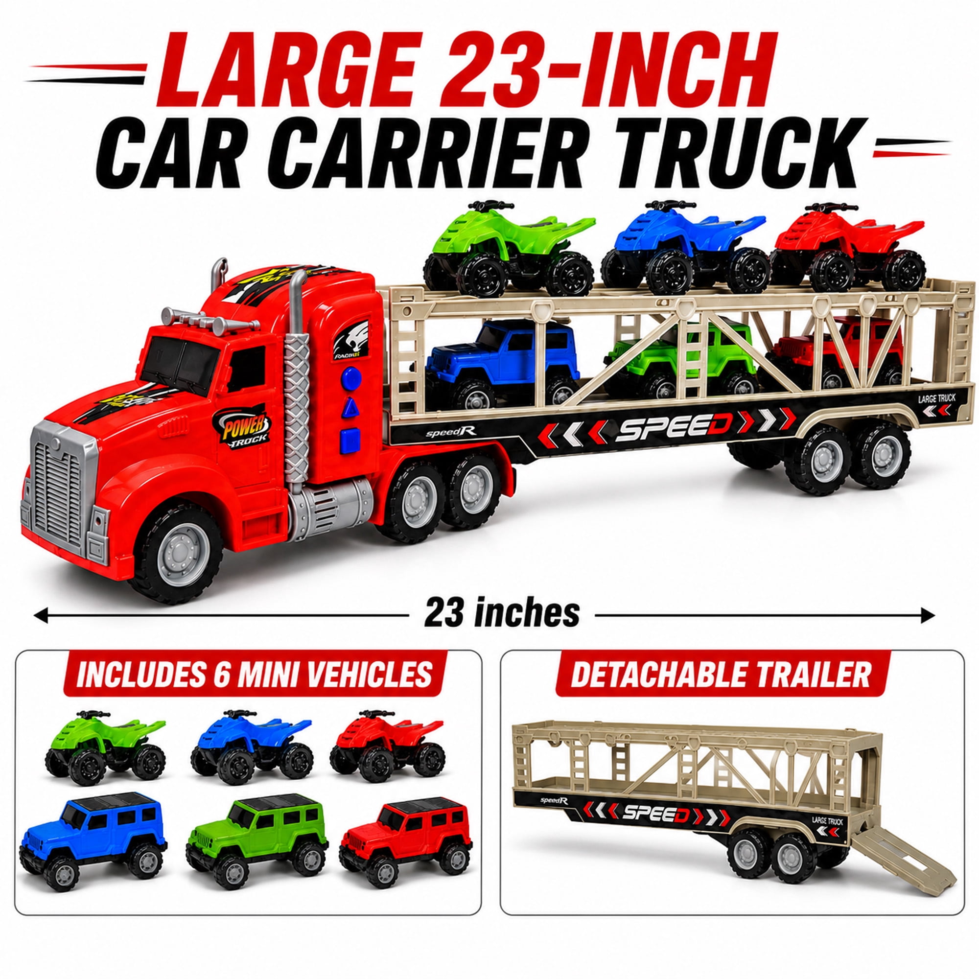 23-Inch Friction-Powered Car Carrier Truck Toy with 6 Mini Vehicles, Lights and Sounds, Detachable Trailer and Opening Rear Door