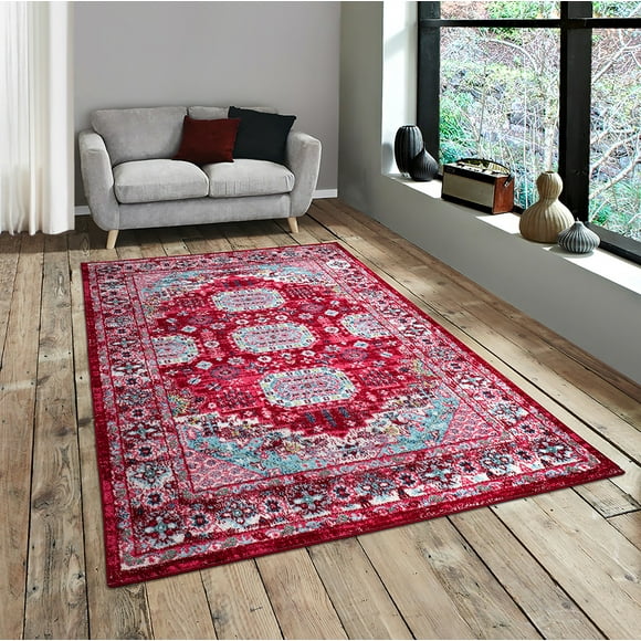 A2Z Amsterdam 167 Rug Red Abstract Oriental Geometric Colorful Brushed Pattern Modern Contemporary Medium Living Room Area Rug Tapis Carpet (3x5 4x6 5x7 5x8 7x9 8x10)