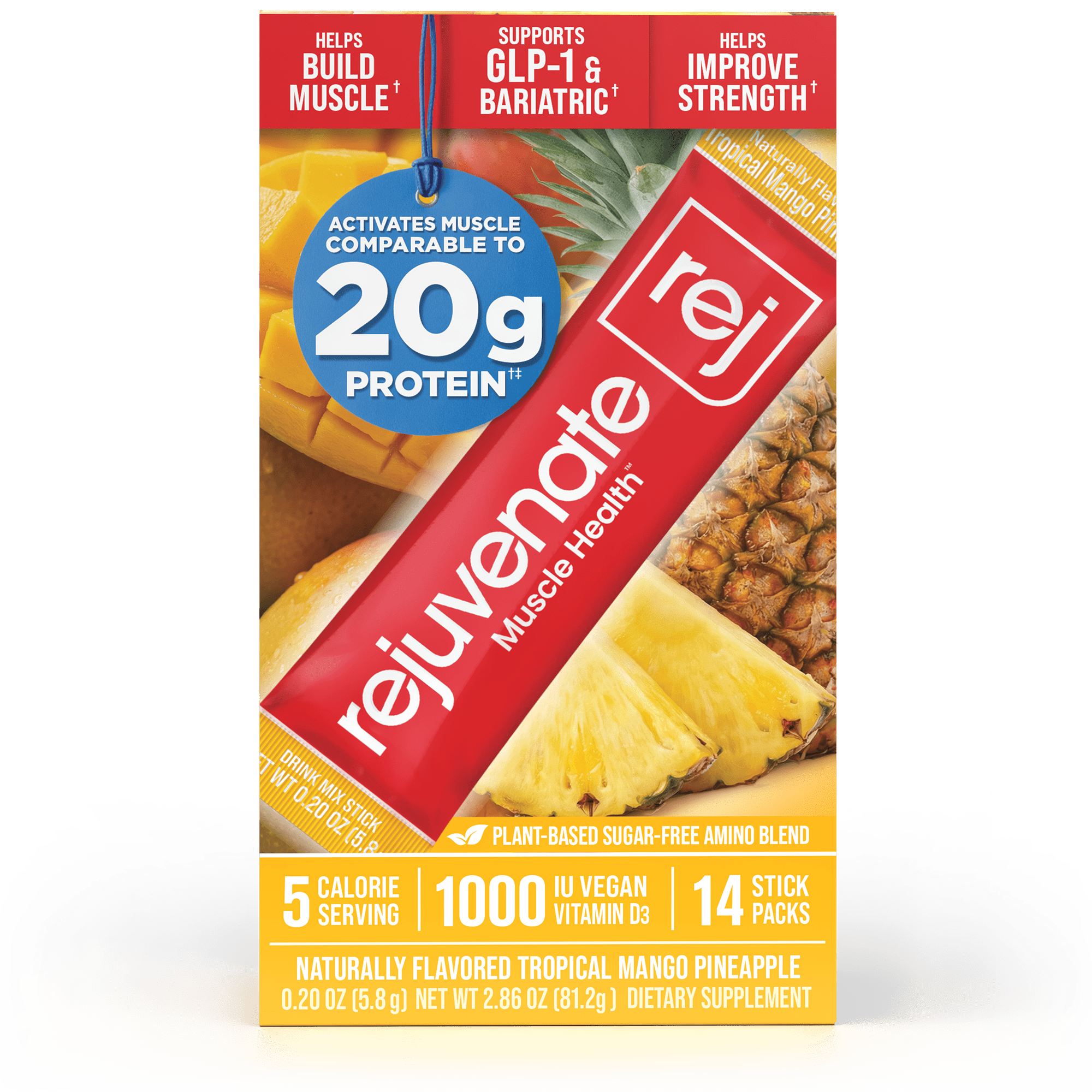 Rejuvenate, Perfect Amino Blend, 1 Stick comparable to 20g Whey Protein, 5 Calories, Vegan, EAA + BCAA for Muscle Growth, Strength & Energy, GLP-1 & Bariatric Support, No Bloat, No Sugar- Tropical 14