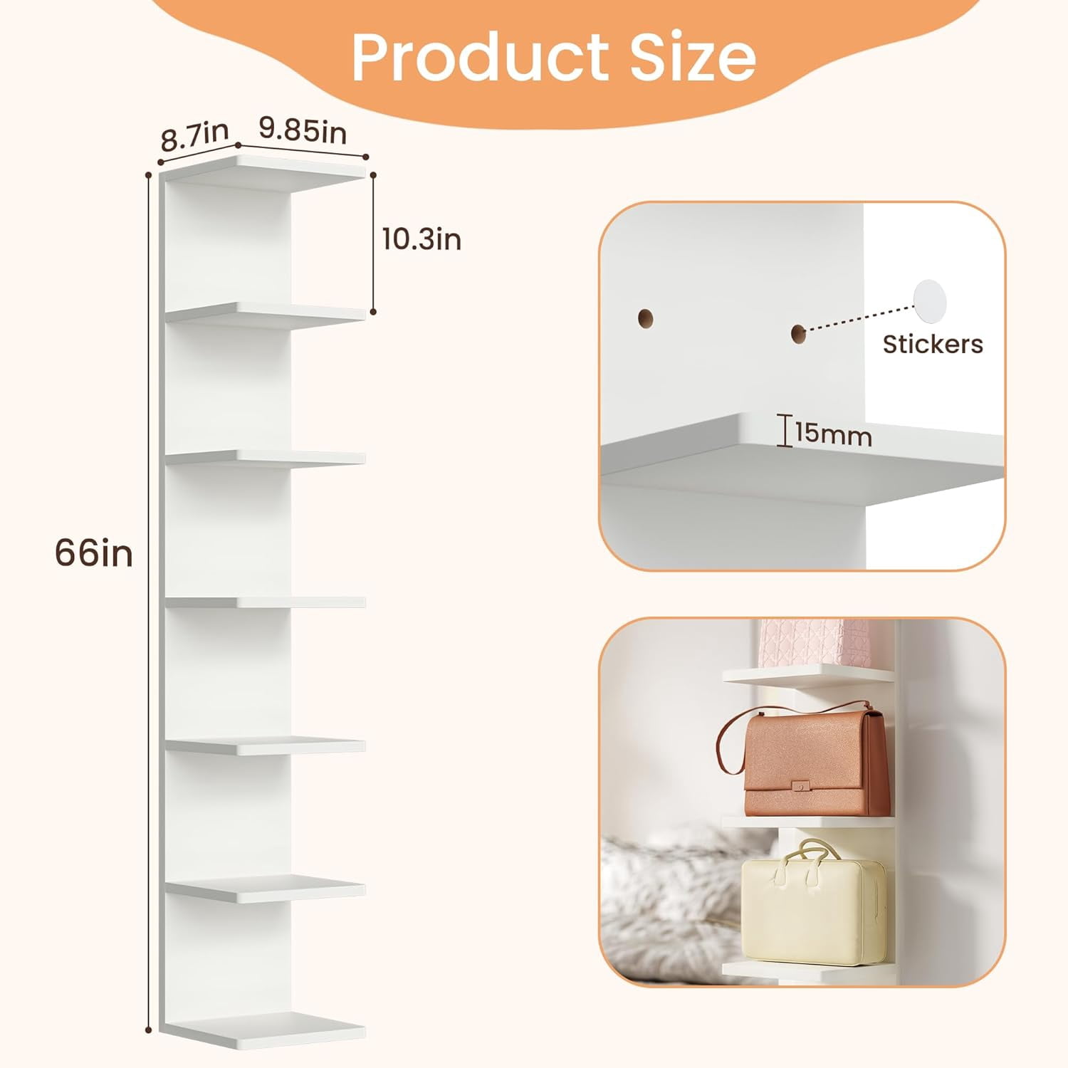 upsimples 7-Tier Floating Wall Shelf, White Wall Mounted Display and Storage Shelf, Decorative Shelves for Bedroom, Living Room, Bathroom, and Office