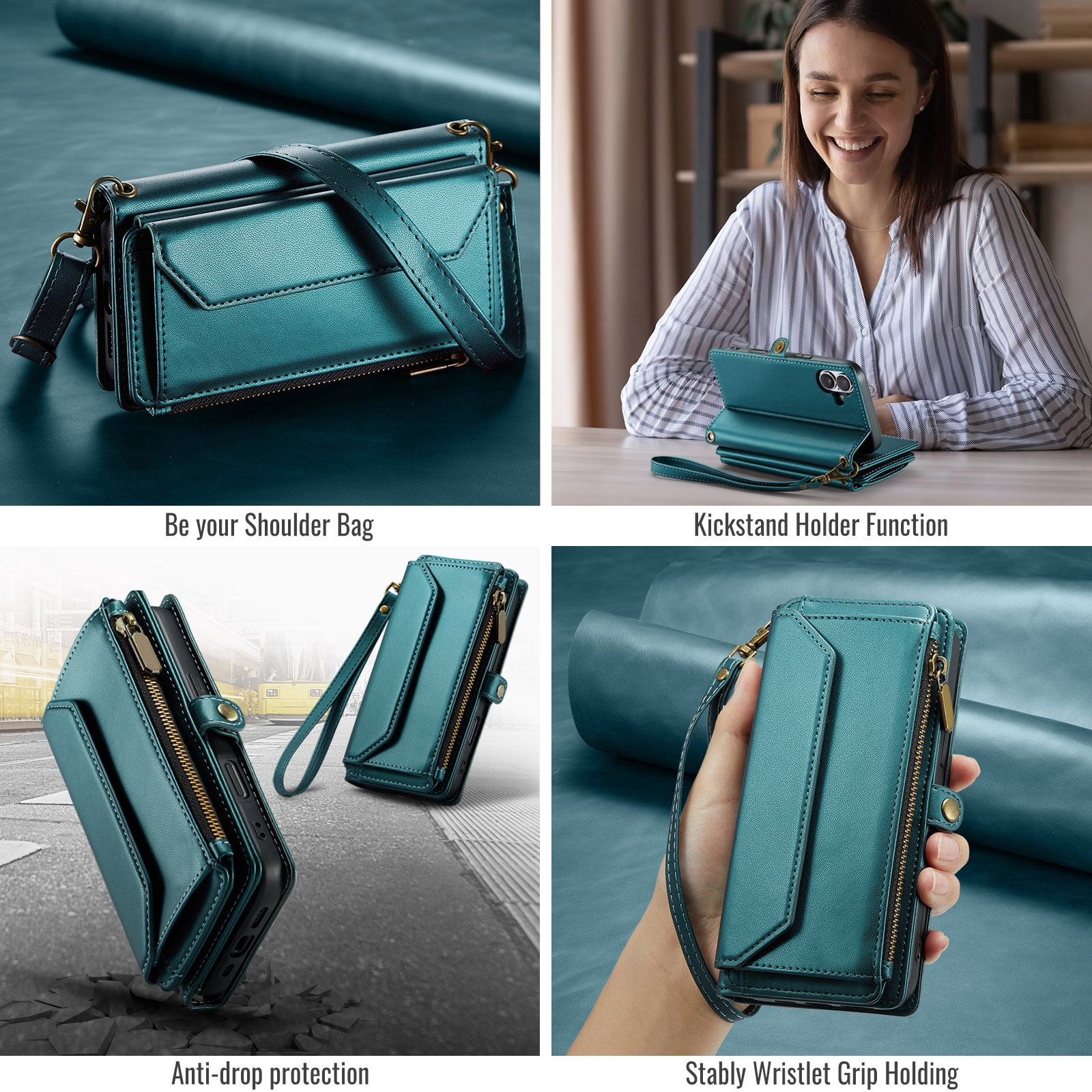 Asuwish Compatible with iPhone 16 6.1 inch Zipper Wallet Phone Case Tempered Glass Screen Protector Crossbody Lanyard Strap Flip Card Holder Slot Cell Cover for i Phone16 i16 16Case Women Girls Green