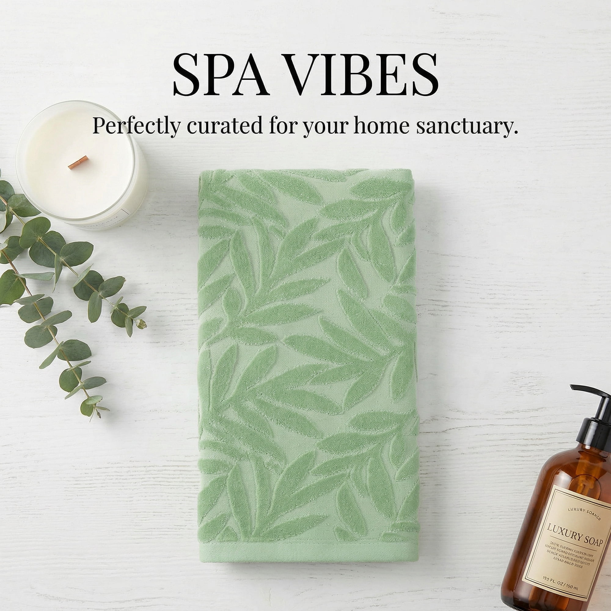 Unique Bargains Embossed Leaf Hand Towels Pure Cotton Absorbent Green 28" x 16"