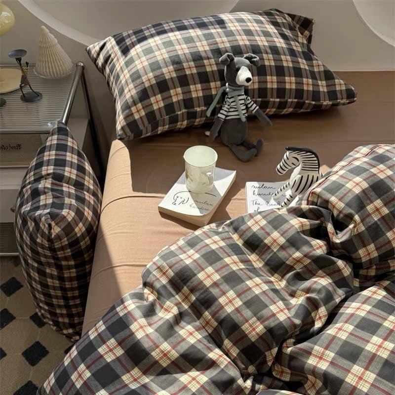 JOLUSERE Black Beige Plaid Duvet Cover Twin Set, 2-Piece Vintage Grid Checkered Pattern Soft Gray Comforter Cover