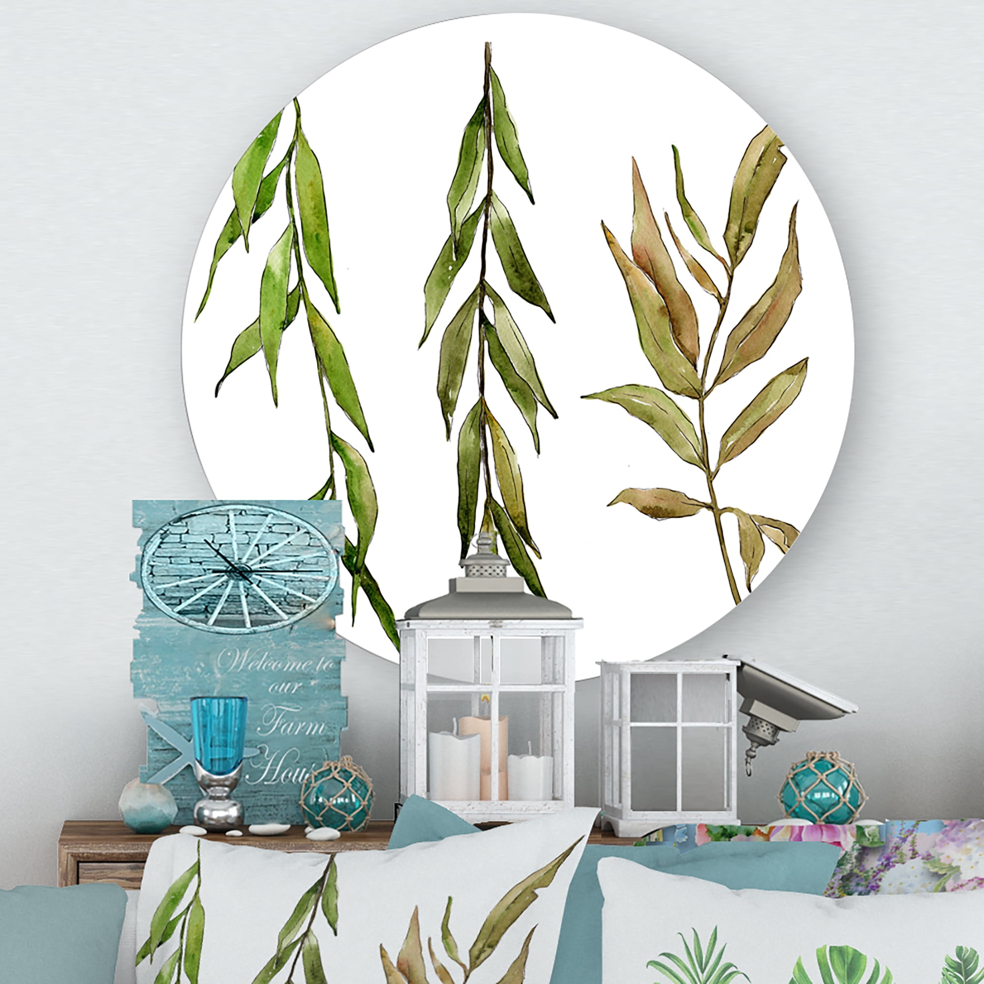 Designart 'Three Willow Branches On White' Farmhouse Circle Metal Wall Art 23x23 - Disc of 23