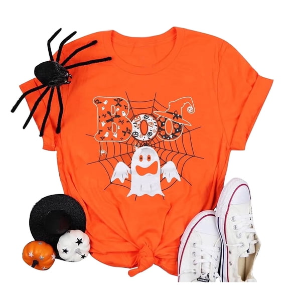 KimSoong Women Halloween Boo T-Shirts Funny Ghost Pumpkin Spider Graphic Crew Neck Tees Tops