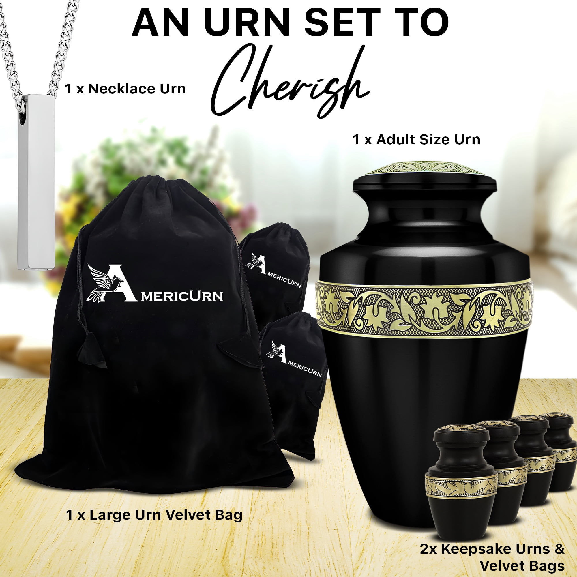 Black Aluminum Cremation Urn Set – 6-Piece Memorial Collection with Large Adult Cremation Urn and Mini Keepsake Urns for Human Ashes, Handcrafted Tribute