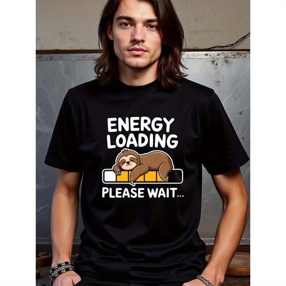 Greenink natee Lazy Sloth Energy Loading Funny T-shirt, man's T-Shirt,100% Cotton Fabric,Crew Neck,Short Sleeve,Regular Fit,All-Season Casual Wear,180gsm-Ideal For Summer Holiday Gi
