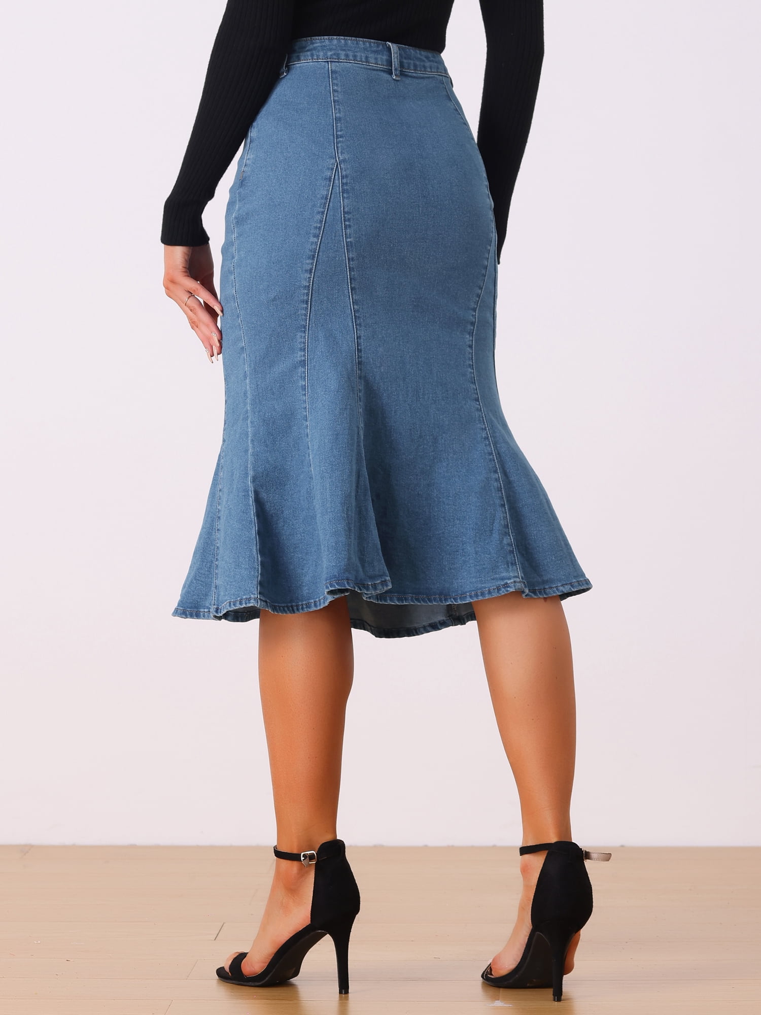 DARING DIVA Women's Denim High Waist Ruffle Fishtail Bodycon Midi Skirts M Sky Blue