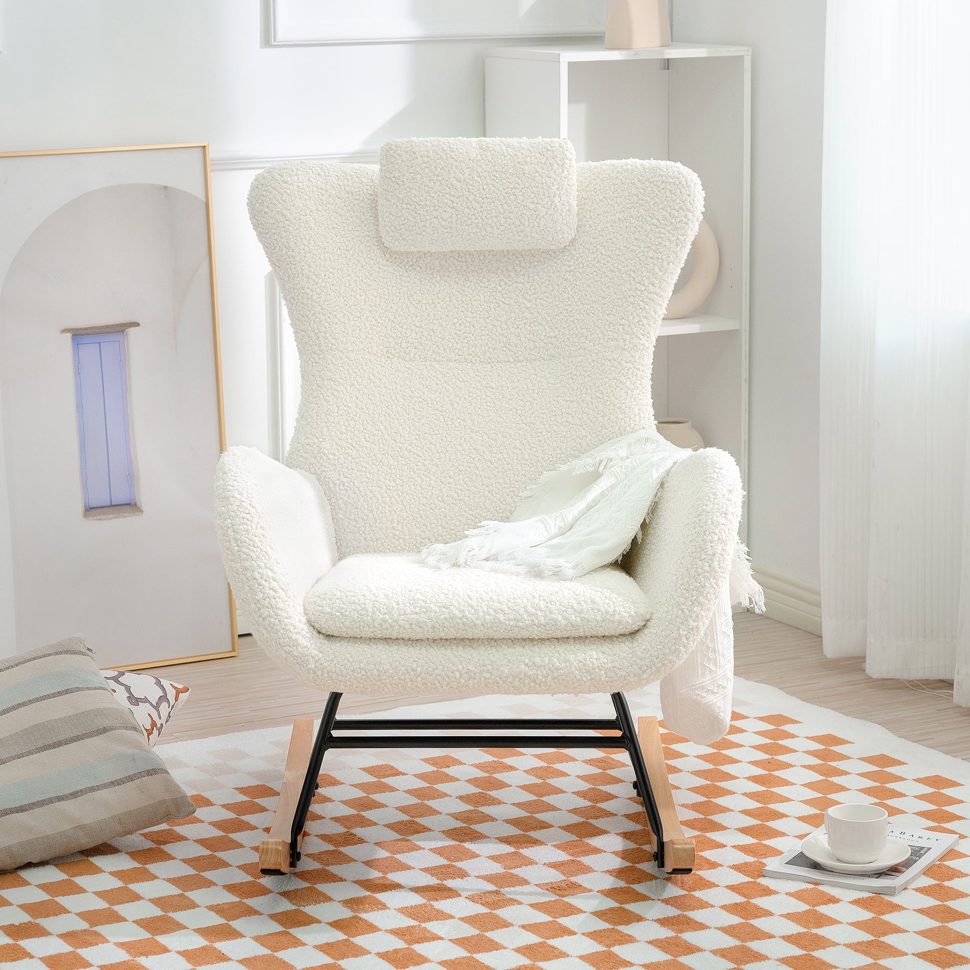 Rocking Chair Nursery,  Rocking Chair With Non-slip Mat, Metal Frame, High-density Sponge Backrest And Seat Cushion, Living Room Accent Chair