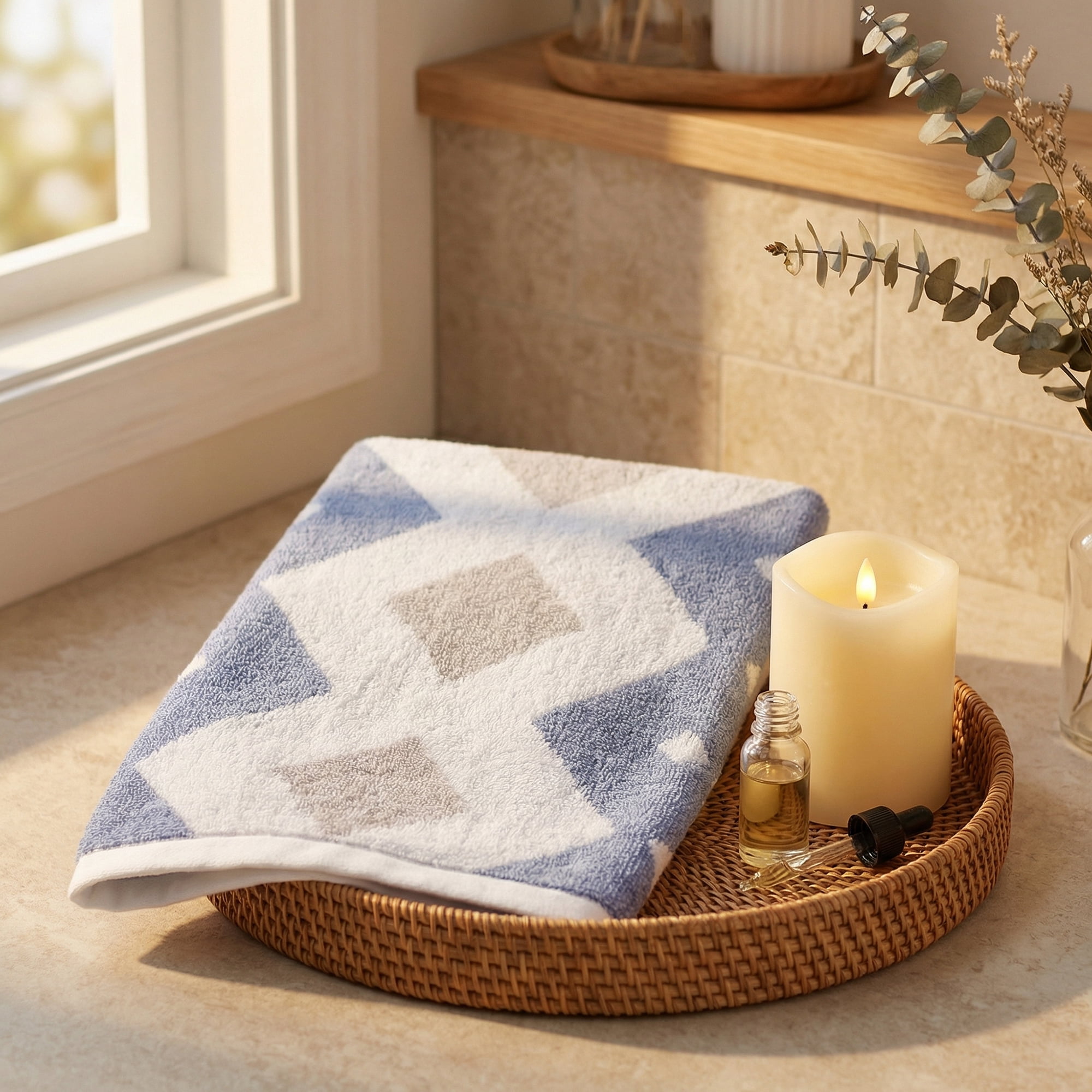 Unique Bargains Geometric Rhombus Cotton Soft Color Block Hand Towel Blue 4pcs 28" x 13"