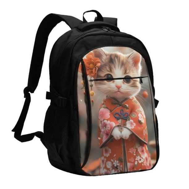 Balery Adorable Kitten In Kimono Mochila con carga USB para hombre y mujer - Mochila impermeable y antirrobo para portátil con puerto USB para viajes, trabajo, estudios y universidad