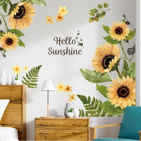 2 Set Sunflower Wall Decals Peel and Stick Decor for Living Room, Bedroom, Bathroom, Kitchen - Yellow Flower Vinyl Murals and Stickers
