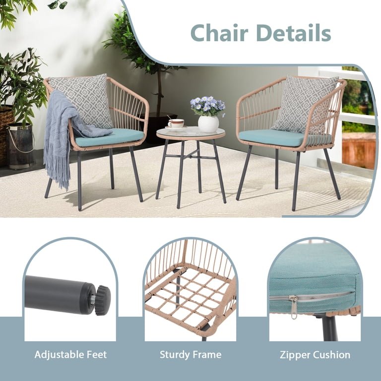 Ruesleag Patio Furniture 3-Piece Outdoor Wicker Conversation Set - Bistro Table & Rattan Chairs for Backyard, Porch, Poolside, Garden, Balcony, Lawn - Brown