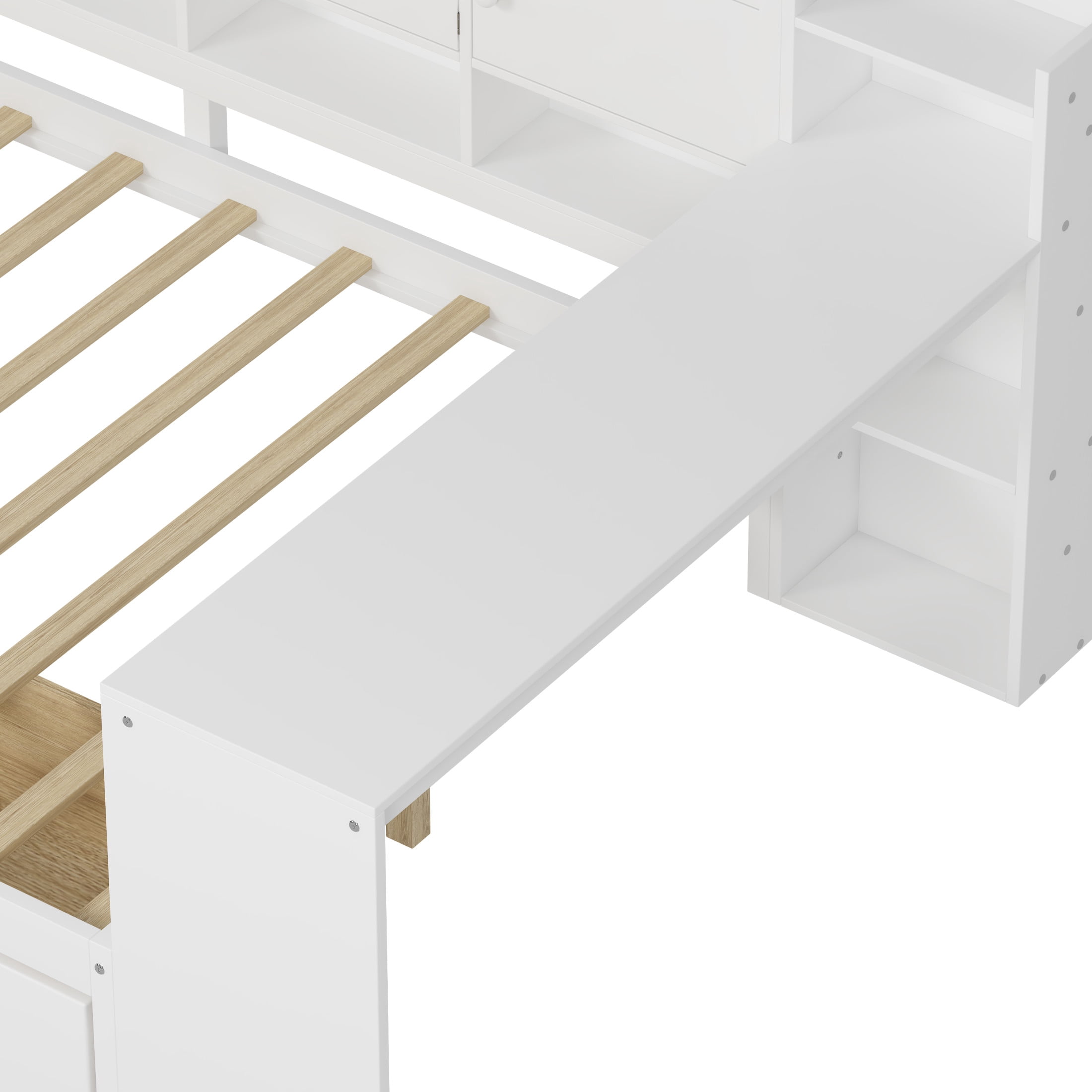 Noble House L-Shaped Full Daybed with Storage Shelves, Desk and 2 Drawers, White