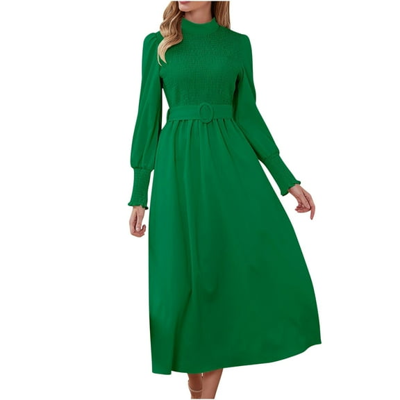 IROINNID Maxi Dress for Women Round Neck Long Sleeve Pleated A-line Solid Color Dress Discount,Green