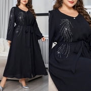 AURA Plus Size Rhinestone Maxi Dress Long Sleeve Elegant Commuting Polyester Long Skirt 0XL 4XL Black
