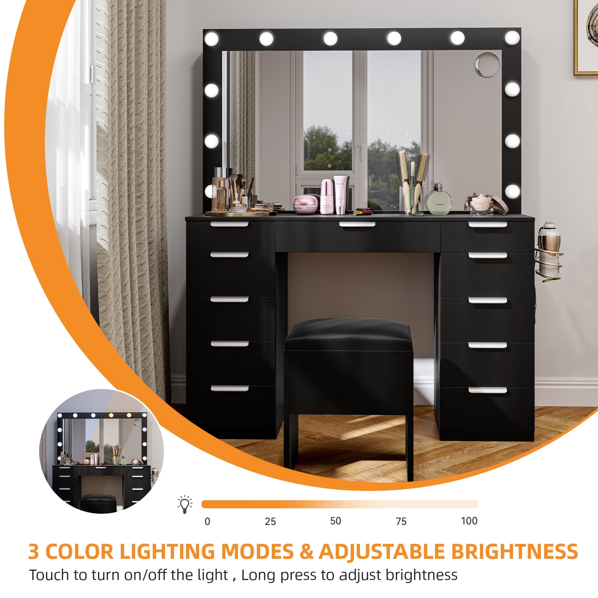 Uforic Adult 11 Drawer Vanity Set with Adjustable Lighted Mirror and Charging Station