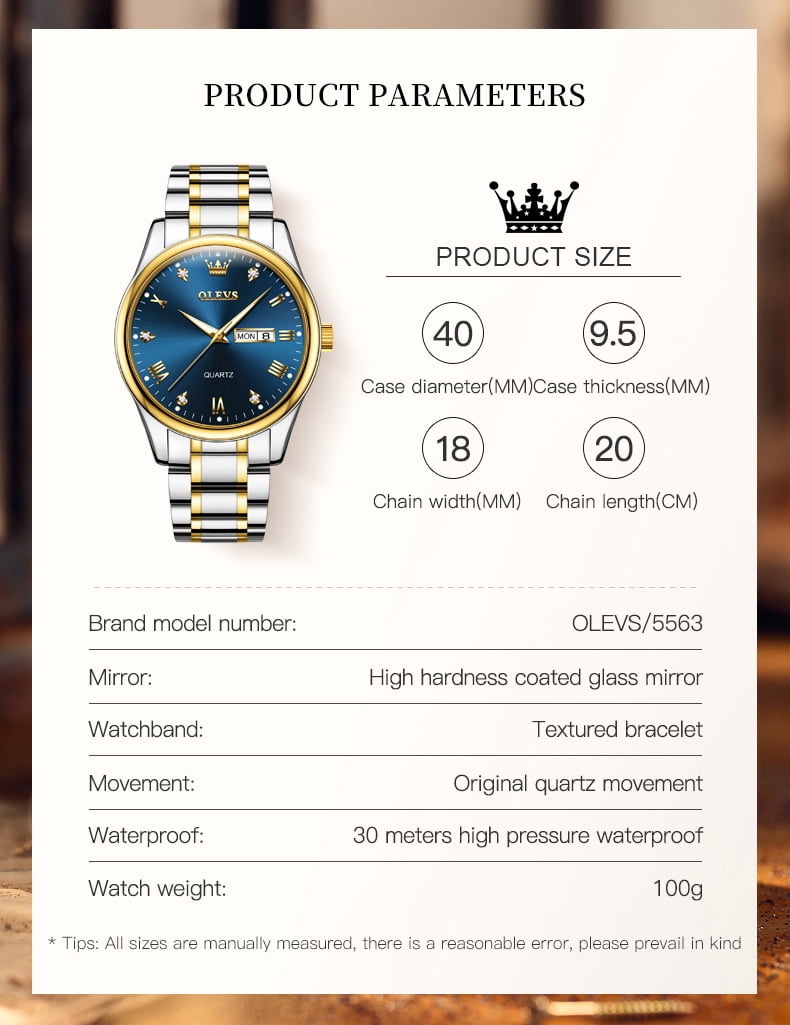 OLEVS Watches for Men Classic with Date Business Dress Luxury Diamond Gold/Black/Blue Waterproof Luminous Mens Wrist Watches Analog Two Tone Stainless Steel Male Reloj para Hombre