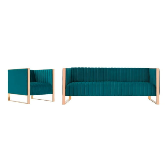 Manhattan Comfort Trillium 2-Piece Velvet Sofa & Armchair Set in Teal Blue