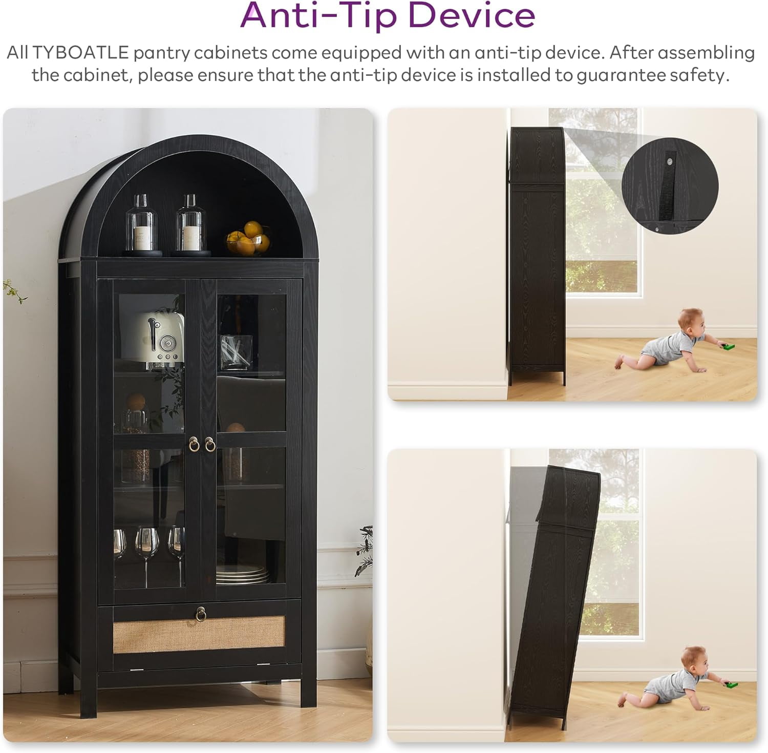 73" Tall Arched Pantry Cabinet with Innovative Drawer, Kitchen Cabinet with Anti-Tipping Device and Glass Door, Versatile Cupboard for Kitchen, Dining, Black