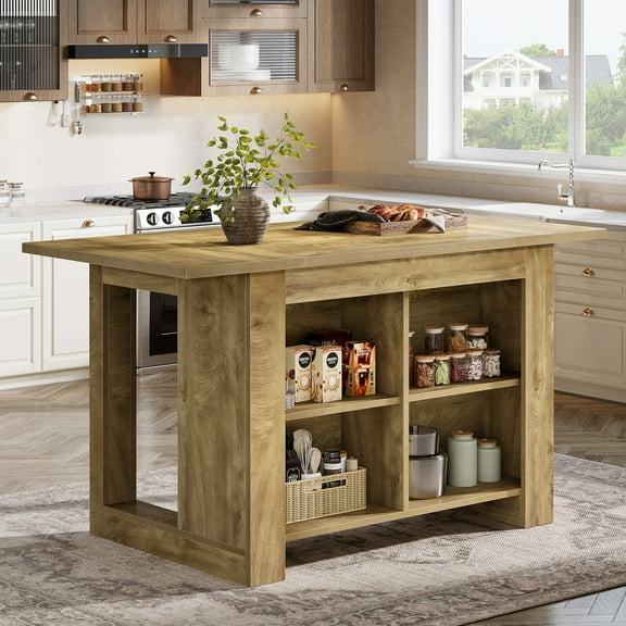 Finmind Kitchen Island with Storage, 63 Inch Island Table with Extra Large Worktop, Farmhouse Counter Height Bar Table,  Oak