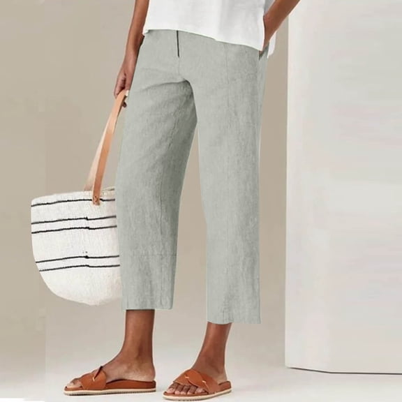 Crunowin Womens Capri Pants, Stright Leg Linen Pants Casual Outdoor Loose Fit Pants Gray 2XL