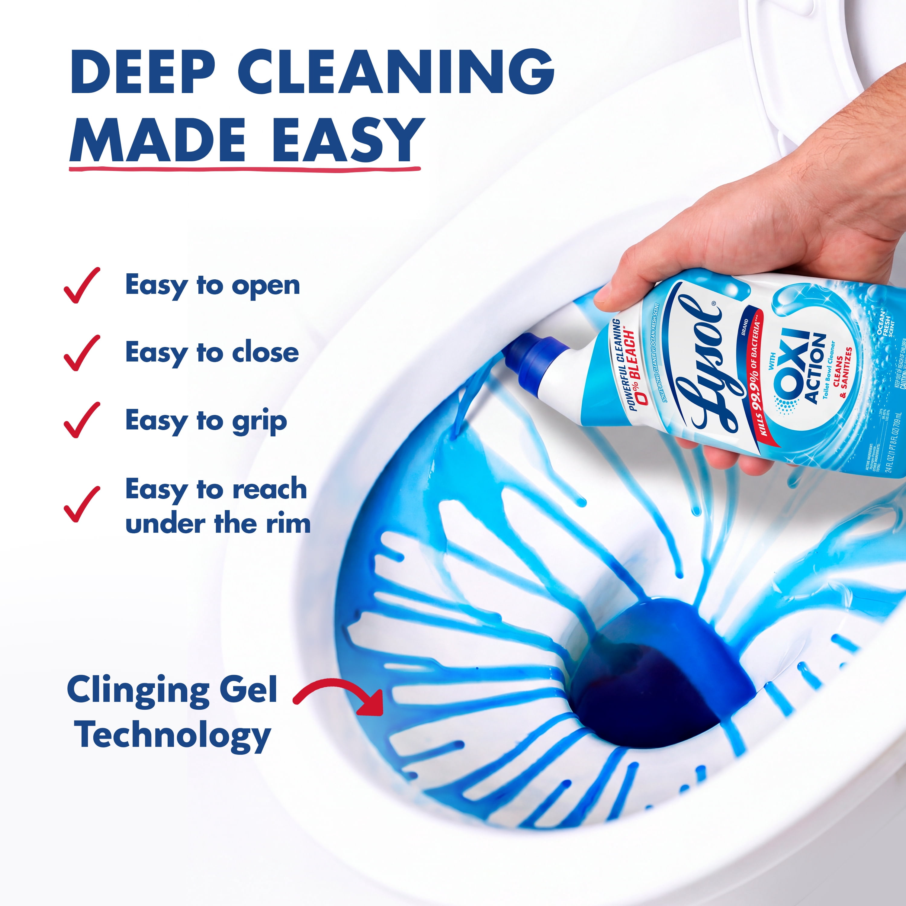 Lysol Toilet Bowl Cleaner Clinging Gel, OXI Action, Sanitizing Bathroom Cleaner and Toilet Bowl Stain Remover, Bleach Free, 24 fl oz (2 Pack)