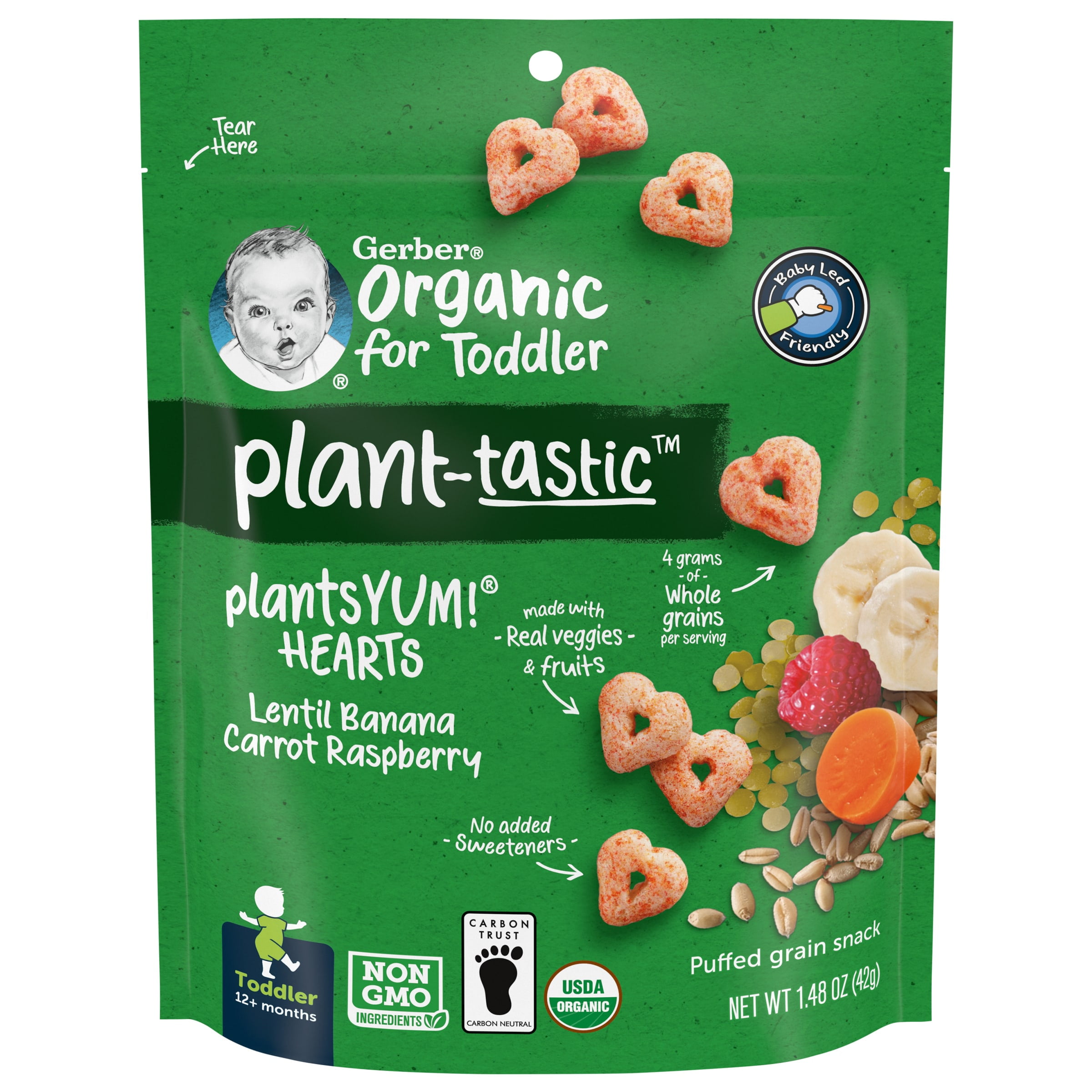 Gerber 2nd Foods Organic for Toddler Plant-tastic Plants Yum Hearts Lentil Banana Carrot Raspberry, 1.48 oz Bag (4 Pack)