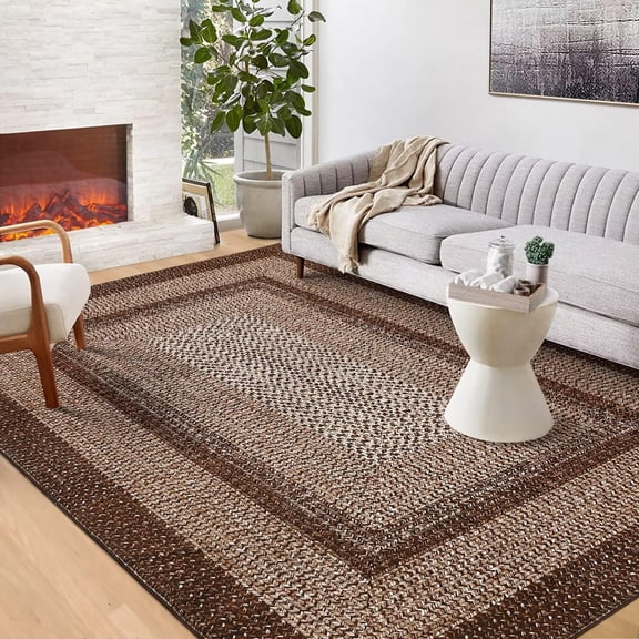 Washable Rug 6x9 Area Rugs for Living Room Modern Bedroom Rug Brown Printed Braided Large Area Rug Non Slip Throw Rugs Stain Resistant Carpet for Nursery Dining Room Dark Brown