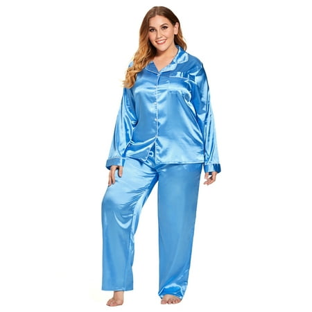 

Women s Satin Pajamas Set Long Sleeve and Button-Down Sleepwear Silky Loungewear PJ Sets Clear XL