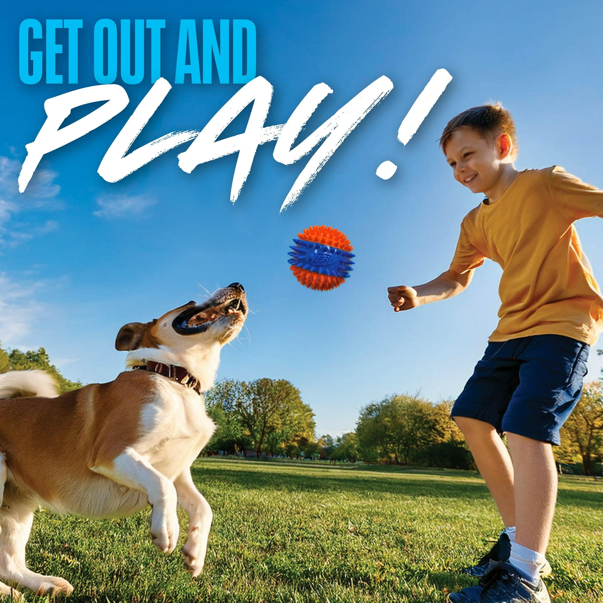 Nerf Dog Squeaky Dental Spike Ball Dog Toy, Orange/Blue, 2.7 inch