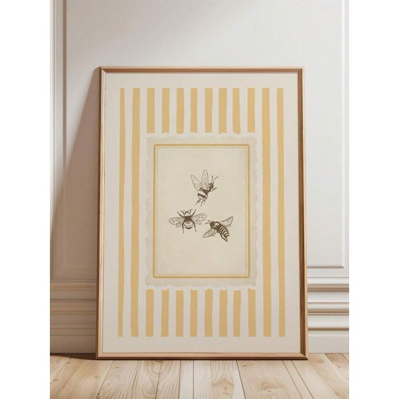 Modern Abstract Wall Art 1pc Canvas Wall Art, Framed Vintage Bee Wall Poster, Neutral Yellow Striped Style Poster, Suitable For Living Room, Bedroom, Kids Room, Kitchen, And Office, Great For Boho Ho
