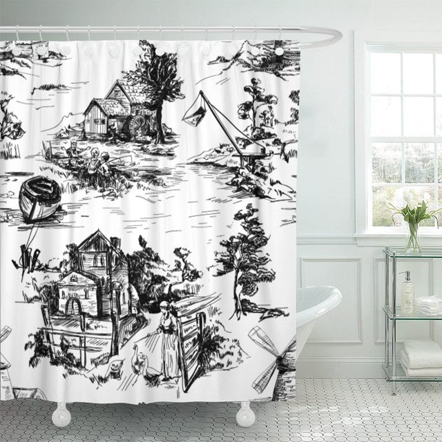 ABPHQTO Cortina de ducha de poliéster con escenas de pesca de la ciudad vieja de patrón clásico 152x180 cm