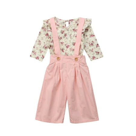 

Caitzr Baby Girls Floral Ruffle Long Sleeve Tops Solid Color Overalls Wide Leg Loose Jumpsuit Set