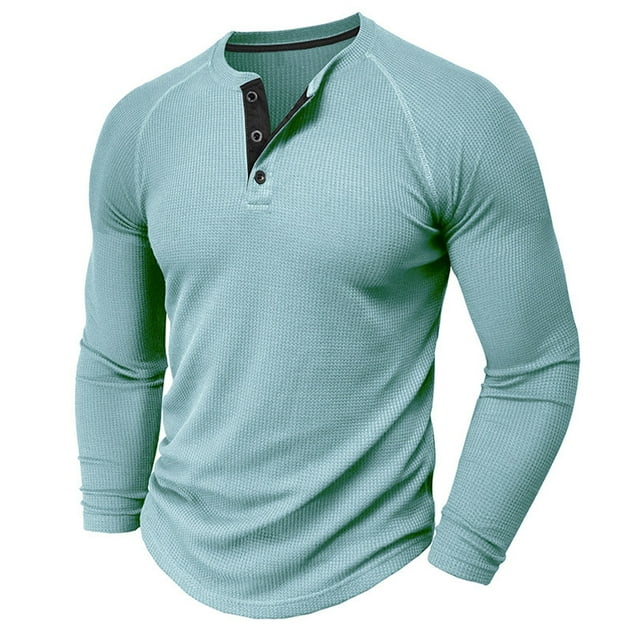 pstuiky mangas largas para hombre, Camisa informal de manga larga con cuello redondo y botones de color liso para hombre camisetas de hombre s