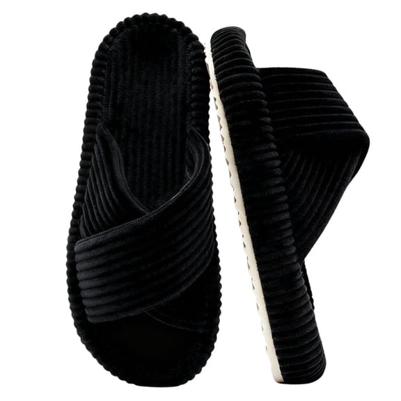 BERANMEY Women’s Corduroy Memory Foam Slippers Open Toe Slip-On Slippers for Womens with Cushioned Thick Sole Crossband Soft House Slippers & Bedroom Shoes (Gift-Ready)