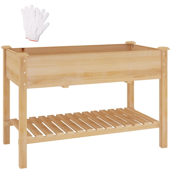 HMYG 2-Tier Raised Garden Bed with Storage Shelves,Wooden Raised Garden Bed w Gloves,Outdoor Garden Bed Planter Box for Vegetables,Flowers & Herbs Grow,Standing Raised Beds for Backyard,Lawn