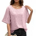 thumbnail image 2 of Inleife Women's Sparkly Sequin Tops Short Sleeve Glitter Dressy Blouses Round Neck Club Ruffle Party Tops, 2 of 6