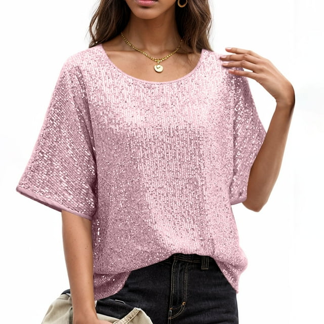 Meichang Hauts à Paillettes pour Femmes T-Shirts de Fête Tendance Manches Courtes Col Rond Blouses Décontractées Coupe Ample T-Shirts de Soirée