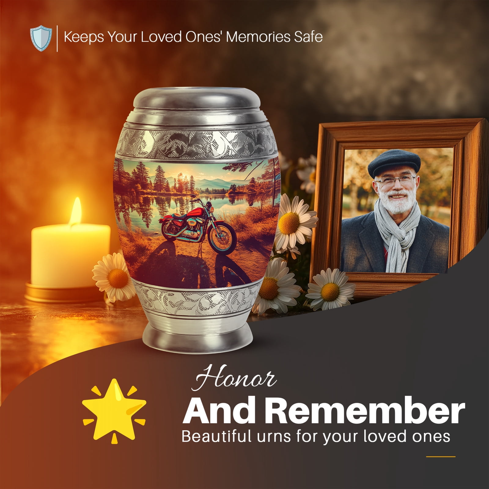 Yatskia Classic Bike on Lake Side Large Cremation Urns for Human Ashes Adult Mom and Dad, Decorative Memorial Urn for Ashes Adult, (Monar Large, 10 Inch)