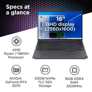 Lenovo Legion 5 Pro 16 Gaming Laptop, QHD 165Hz, AMD Ryzen 7, NVIDIA GeForce RTX 3070, 16GB RAM, 512GB SSD, Windows 11 Home, Storm Grey, 82JQ00F9US
