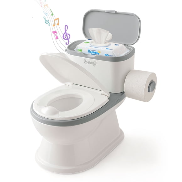 BEBBLY Bañito Entrenador Infantil con Sonido Musical Portarrollo y Almacenamiento Asiento Antiderrapante para Niños y Niñas de 6 Meses a 3 Años Fácil de Limpiar Ideal para Aprender a Ir al Baño (Gris)