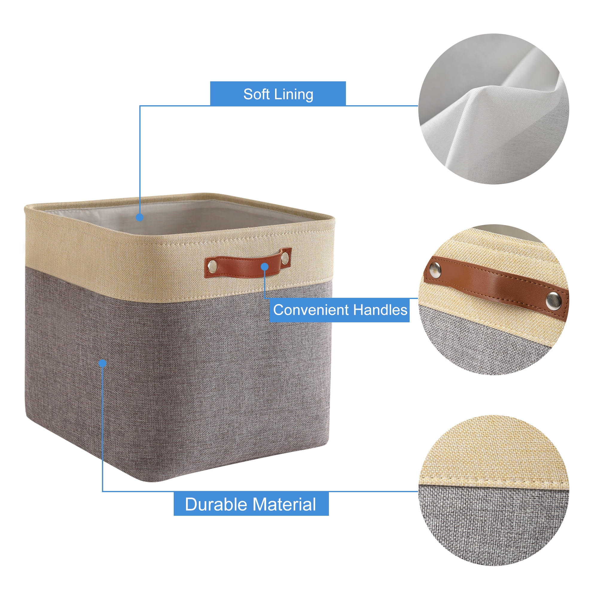 Tegance 13x13 Storage Cubes Baskets 4 Pack Fabric Cube Storage Bins Large Storage Baskets with Leather Handles,Decorative Storage Boxes for Organizing Shelves(GoldGrey)