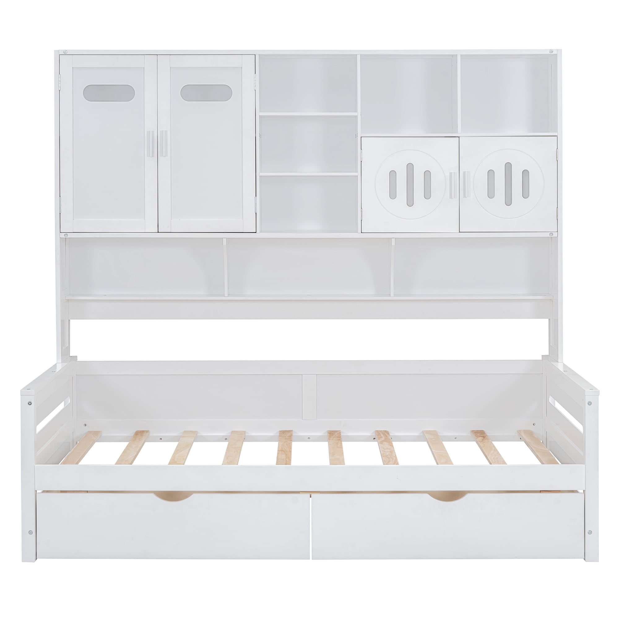 Mintazer Twin Platform Bed with Side Bookcase & 2 Drawer and 2 Cabinets, All-in-One Wood Storage Daybed Frame for Kids Teens Bedroom Guest Room, White