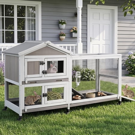 PETSCOSSET Large 2‑Story Rabbit Hutch with Run, 6 Wheels, Expandable, 3 Pull‑Out Trays, Waterproof Roof for Small‑Medium Animals, Indoor & Outdoor Use