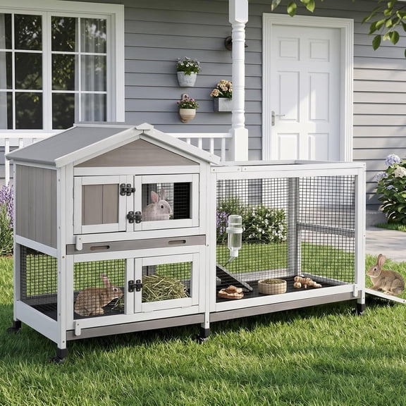 PETSCOSSET Large 2‑Story Rabbit Hutch with Run, 6 Wheels, Expandable, 3 Pull‑Out Trays, Waterproof Roof for Small‑Medium Animals, Indoor & Outdoor Use